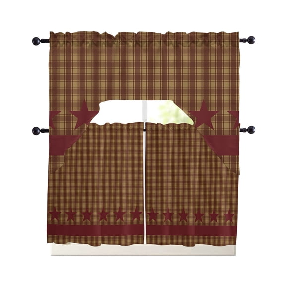 Brown Plaid Kitchen Curtains Sets 36 Inch Length with Valance, Modern Geometric Red Stars Checkered Swag Valances and Tiers Curtain Set Drapes Swag Curtains for Living Room, Bathroom, Bedroom, Cafe
