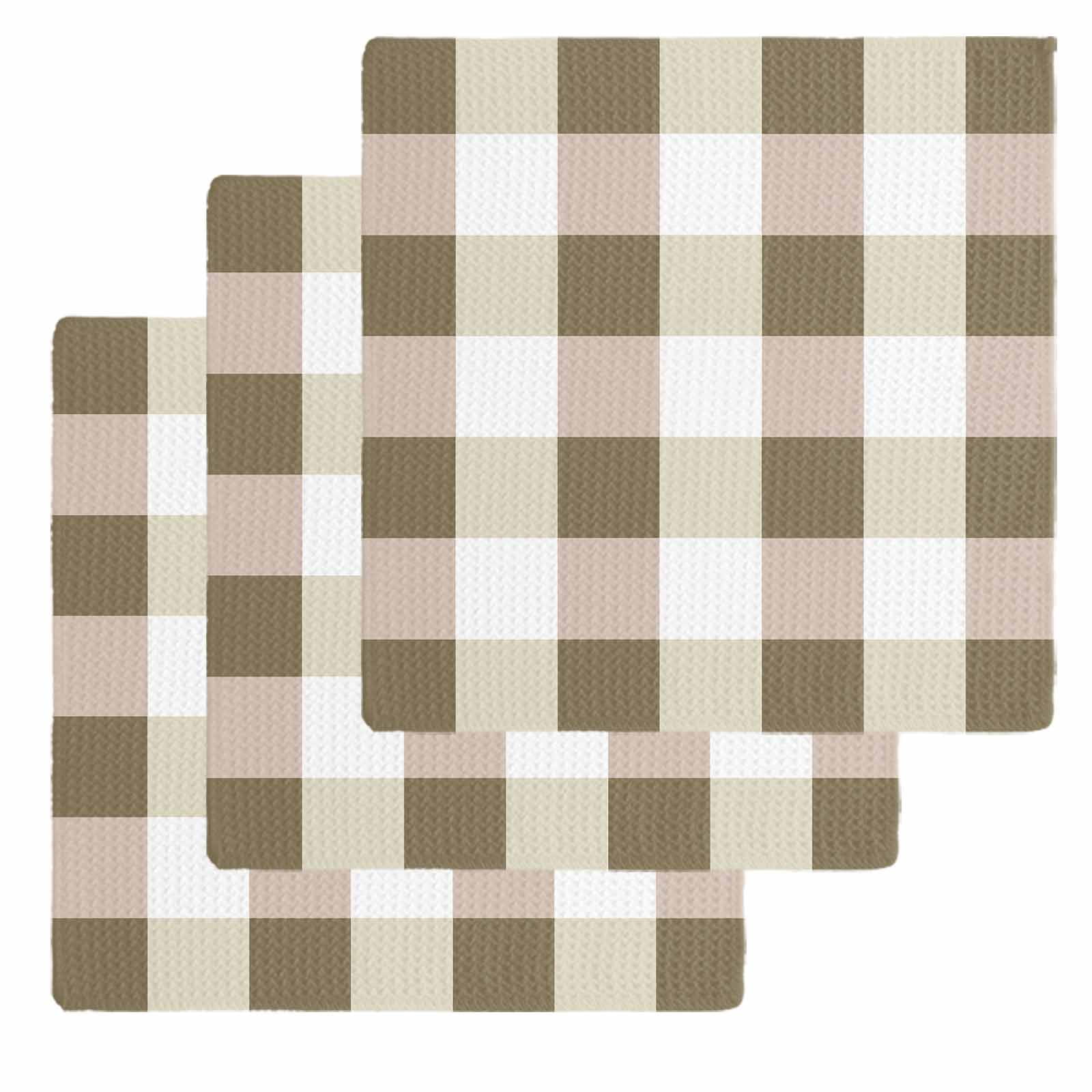 Brown Plaid Kitchen Dish Towels for Drying Dishes Set of 3, Spring Summer Farmhouse Buffalo Checkered Waffle Weave Microfiber Hand Tea Bathroom Towels Quick Dry & Absorbent Towel 12x12