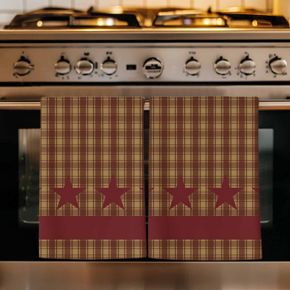 Brown Plaid Kitchen Towels Set of 2, Modern Geometric Red Stars ...