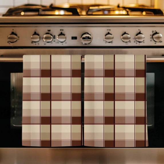 Brown Plaid Kitchen Towels Set of 3, Modern Abstract Ombre Gingham Checkered Absorbent Dish Towels for Kitchen, Microfiber Hand Towel, Quick Drying Tea Towel for Cleaning Decorative Dishcloths