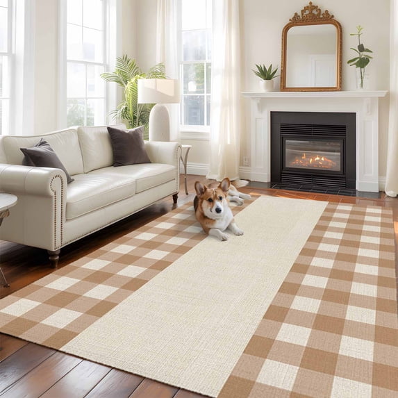 Brown Plaid Large Area Rugs 8x10 ft Retro Country Brown Plaid Linen Texture Washable Rug Non Slip Indoor Carpet Absorbent Floor Mat for Living Room Bedroom Dining Room