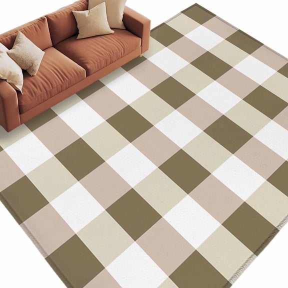 Brown Plaid Large Area Rugs for Bedroom Living Room, Soft Non Slip Carpet Bedside Rug, Spring Summer Farmhouse Buffalo Checkered Rectangular Floor Cover Kitchen Accent Rug 5'x8' for Office