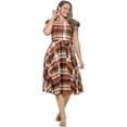 thumbnail image 1 of Brown Plaid Large-X-large Size Women's Short Puff Sleeve Midi Plaid Cocktail Flare Tea Party, Formal and Casual Dresses, 1 of 5