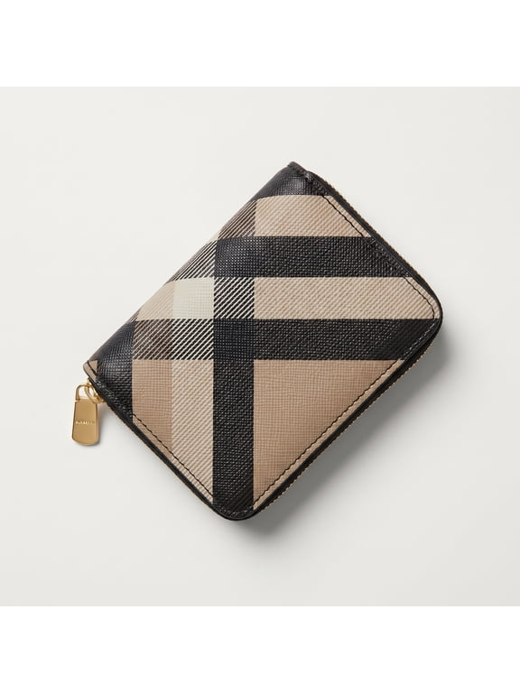 Brown Plaid Mini Zip Wallet Compact Card Holder & Coin Purse