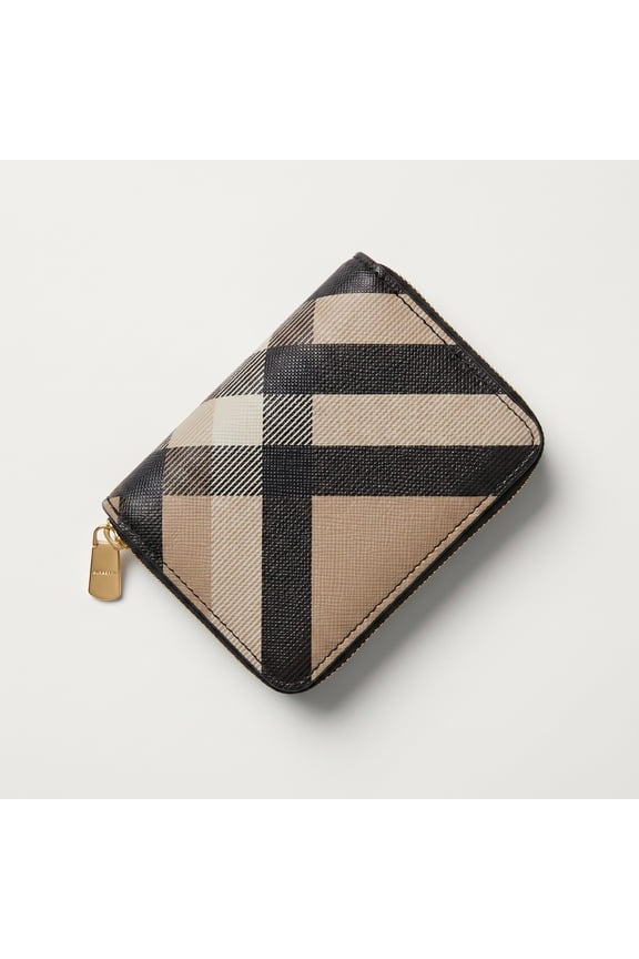 Brown Plaid Mini Zip Wallet – Compact Card Holder & Coin Purse