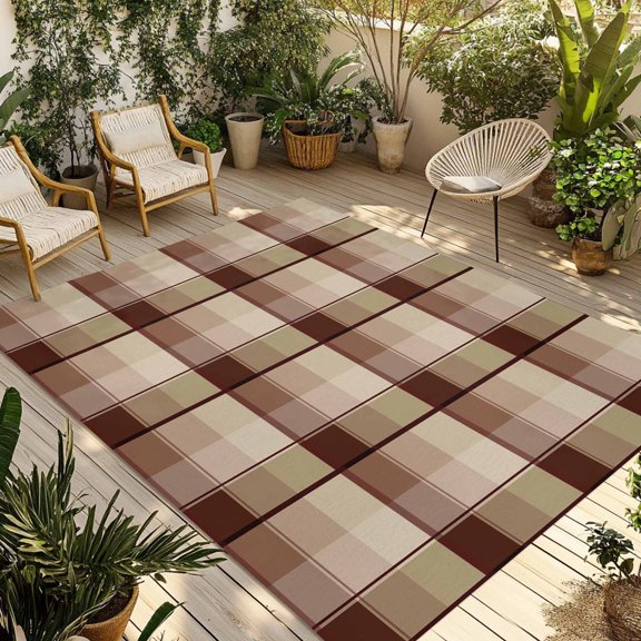 Brown Plaid Outdoor Rug for Patio/Deck/Porch, Non-Slip Large Area Rug 4 x 6 Ft, Modern Abstract Ombre Gingham Checkered Indoor Outdoor Rugs Washable Area Rugs, Reversible Camping Rug Carpet Runner