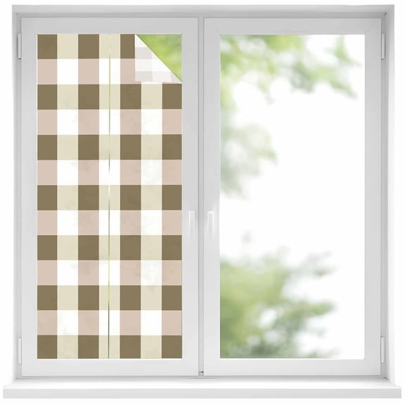 Brown Plaid Privacy Window Film, Decorative Frosted Glass Window Film, Spring Summer Farmhouse Buffalo Checkered Reusable Peel and Stick Static Cling for Home Bathroom Office Glass Door 17.7"x39.3"