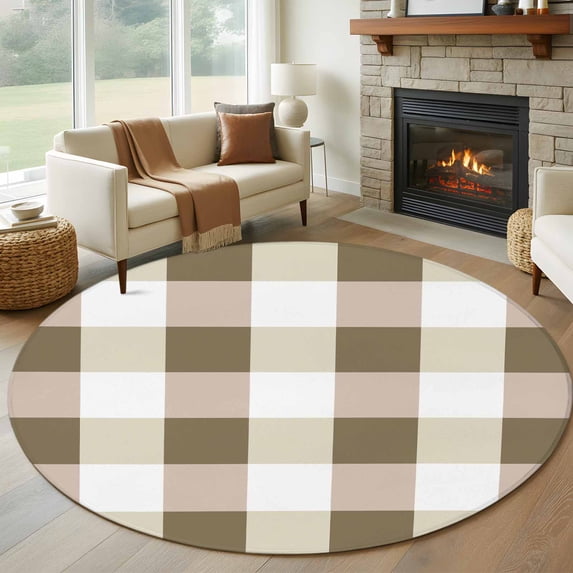 Brown Plaid Round Area Rug 7 FT,Non Slip Living Room Area Carpet,Spring Summer Farmhouse Buffalo Checkered Washable Soft Circular Rug Non-Shedding Floor Carpet for Bedside Office Play Room Classroom