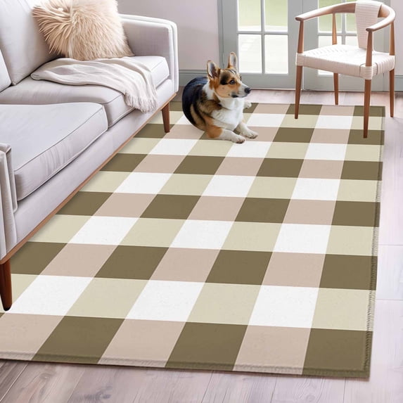 Brown Plaid Runner Rug 2.7x5 FT, Non Slip Entryway Carpet, Spring Summer Farmhouse Buffalo Checkered Washable Soft Floor Carpet Entrance Mat Non-Shedding Throw Rug for Hallway Laundry Room Bedside