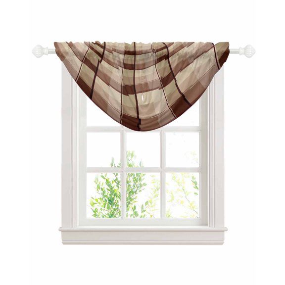 Brown Plaid Sheer Waterfall Valance Curtains for Window, Modern Abstract Ombre Gingham Checkered Rod Pocket Sheer Topper Swag Curtains for Living Room, Kitchen 38.5"W x 47.2"L, 1 Panel