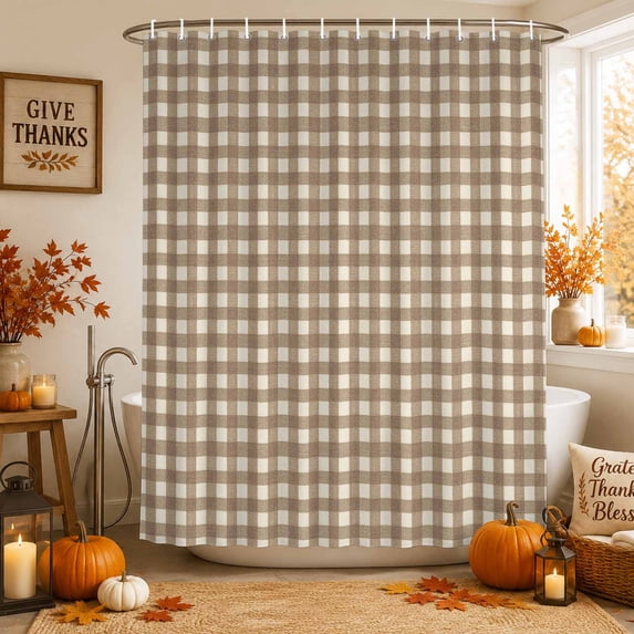 Brown Plaid Shower Curtains for Bathroom, Gingham Checked Minimalist Modern Waterproof Fabric Shower Curtain, Decorative Bathroom Curtain for Bathtub, 36"x72", No Hooks Included