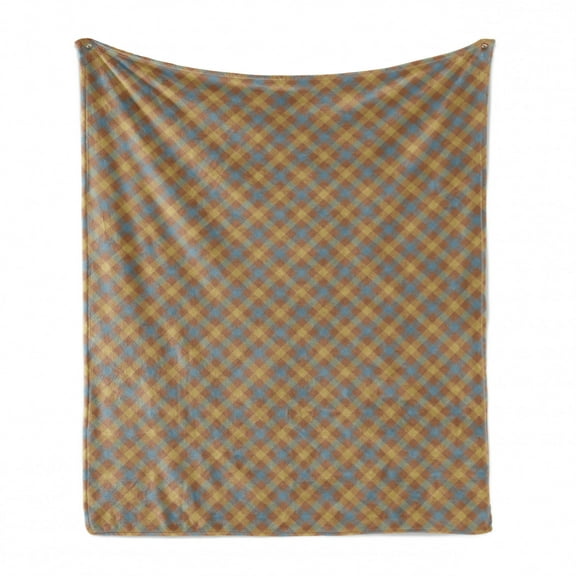 Brown Plaid Soft Flannel Fleece Throw Blanket, Overlapping Squares Repeated Arrangement, Cozy Plush for Indoor and Outdoor Use, 70" x 90", Blue Grey Pale Caramel, by Ambesonne