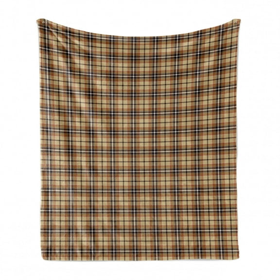 Brown Plaid Soft Flannel Fleece Throw Blanket, Squares with Stripes Cutting Bold Streaks Vertical and Horizontal Abstract, Cozy Plush for Indoor and Outdoor Use, 50" x 60", Multicolor, by Ambesonne