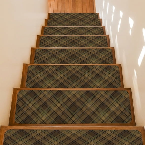 Brown Plaid Stair Treads Non Slip for Steps Rustic Farmhouse Abstract 15 Pcs Reusable Adhesive Stair Runner Mats for Dogs Elders Carpet Treads Rugs for Staircase 8x30 In