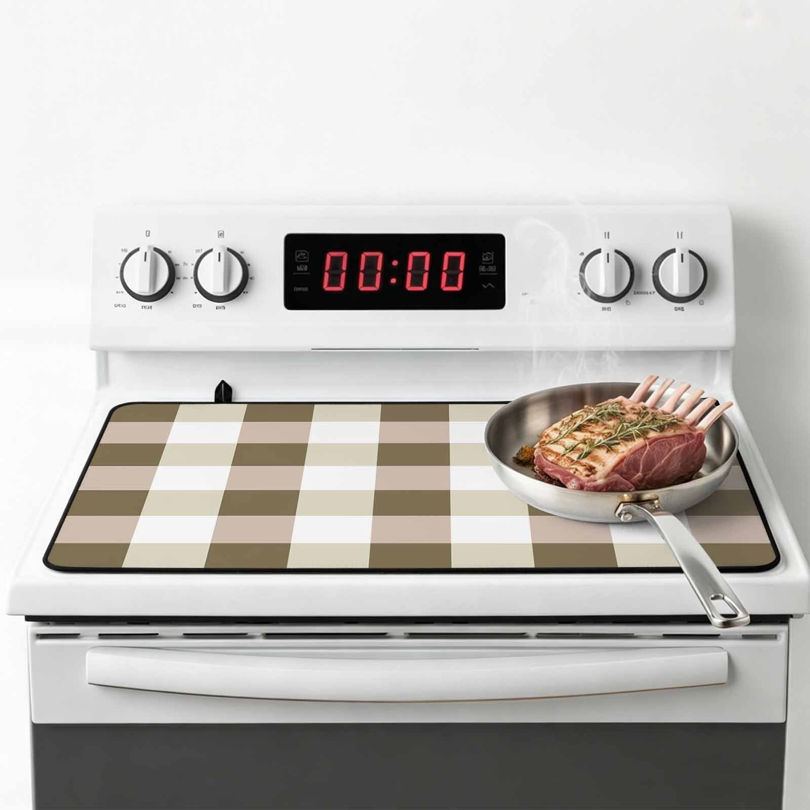 Brown Plaid Stove Top Cover for Electric Stove, Heat-proof & Non Slip Glass Top Stove Cover Protector, Spring Summer Farmhouse Buffalo Checkered Kitchen Flat Cooktop Rubber Mat 28.5x20.5 Inches