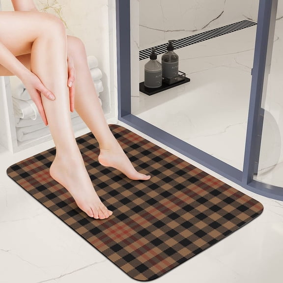 Brown Plaid Super Absorbent Diatom Mud Bath Mat 40x60cm Non Slip Quick Dry Bathroom Floor Mat, Soft Water Absorbent Rug for Bathroom, Bedroom, Vanity, And Guest Room