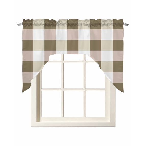 Brown Plaid Swag Valances for Windows, Small Curtains Drapes, Spring Summer Farmhouse Buffalo Checkered Kitchen Window Curtains Over Sink Window Treatment Valance for Bedroom/Bathroom 56"x36"