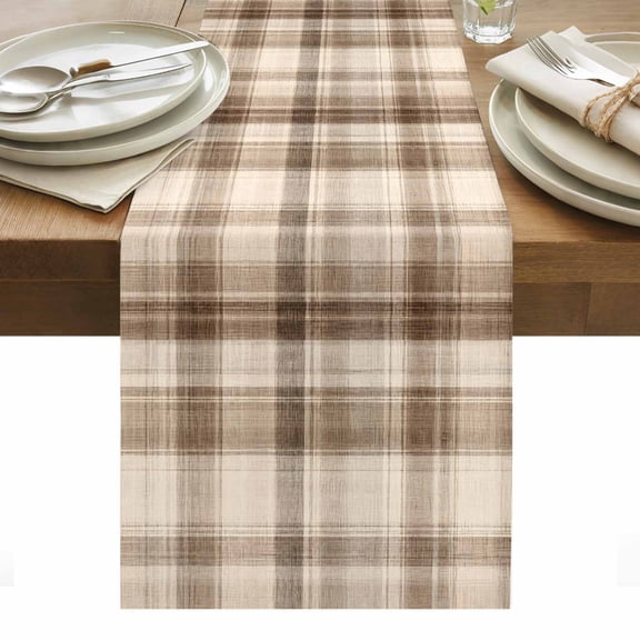 Brown Plaid Table Runner 13x120 Inch Farmhouse Cream Beige Line Striped Rustic Square Cotton Linen Dining Table Runner Ideal for Dresser Kitchen Coffee Tables - Machine Washable