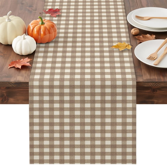 Brown Plaid Table Runner - 60 Inch Long Gingham Checked Minimalist Modern Cotton and Linen Blended Dress Scarves Farmhouse Table Runner for Kitchen Dining, Coffee Table, 13" x 60"