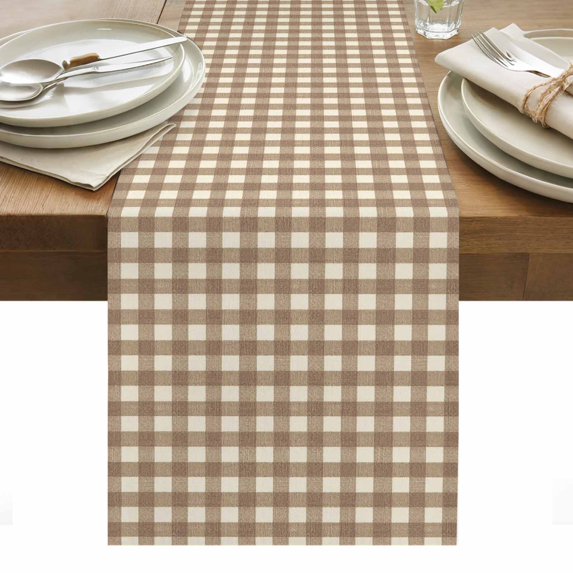 Brown Plaid Table Runner Gingham Checked Minimalist Modern Tablerunners 13 x 90 Inch, Table Decorations Tabletop Scarf for Summer Gathering Holiday Farmhouse Kitchen Dining Decor