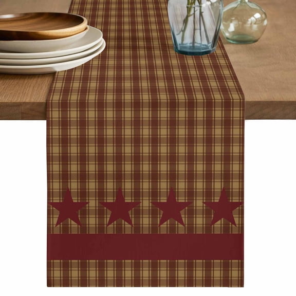 Brown Plaid Table Runner, Modern Geometric Red Stars Checkered Washable Cotton Linen Table Runners 72 Inches Long, Dresser Scarf Runner for Dining Tables/TV Stands/Coffee/Cabinets 18''x72''