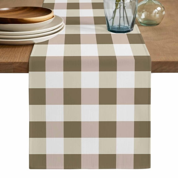 Brown Plaid Table Runner, Spring Summer Farmhouse Buffalo Checkered Washable Cotton Linen Table Runners 36 Inches Long, Dresser Scarf Runner for Nightstand/End Tables/Round Tables 13''x36''