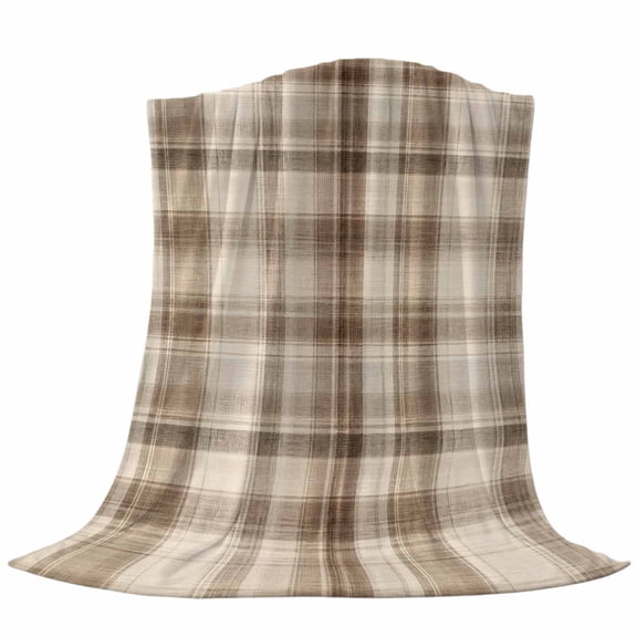 Brown Plaid Throw Flannel Blanket Farmhouse Cream Beige Line Striped Rustic Square Super Soft Cozy Bed Blanket, Lightweight Plush Fuzzy Bed Throw for Bedroom Sofa Couch Living Room 30x40in