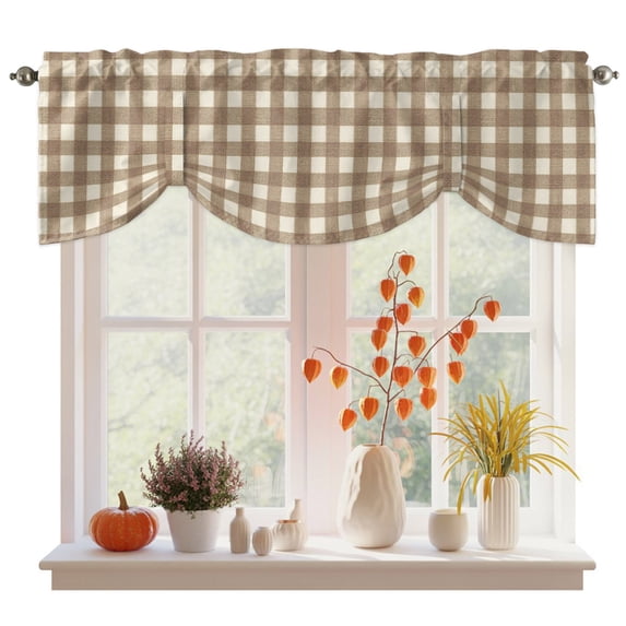 Brown Plaid Tie Up Valance Curtains for Windows, Kitchen Curtains Window Treatments, Gingham Checked Minimalist Modern Short Window Shades Valances for Bedroom Bathroom Cafe 54"x18"