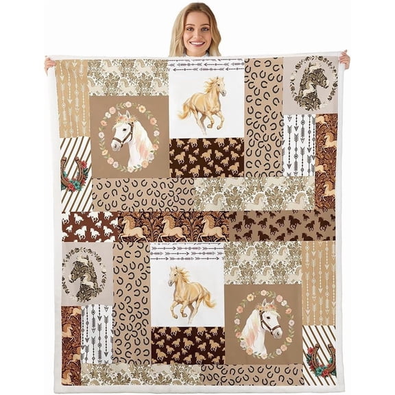 Brown Plaid Western Horse Fleece Throw Blanket Boho Arrow Sherpa Blanket for Kids Women Men Plush Fuzzy Rose Flower Rustic Cowboy Baby for Bed Couch Chair Living Room Bedroom Decor 30" x 40"