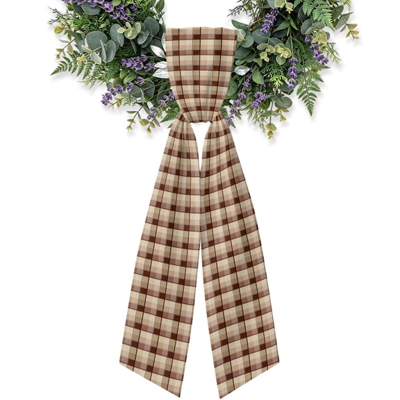 Brown Plaid Wreath Sash for Front Door, Modern Abstract Ombre Gingham Checkered Wreath Bow Holiday Garland Ribbon Wreath Accessories for Home Yard Porch Doorway Fall Christmas Decorations Gifts