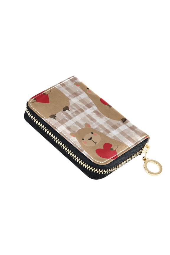 Brown Plaids Capybara with Hearts Valentine Women's Credit Card Holder PU Leather Zipper Wallet RFID Blocking