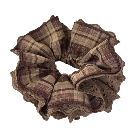 Brown Plaids Lace Hair Tie Elastic Scrunchie For Ponytail And Buns Soft Polyester Hair Circles Unique Fashion Headpiece