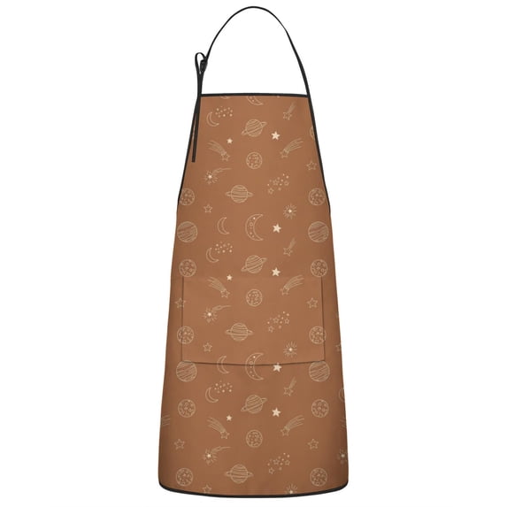 Brown Planet Moon Star Pattern Apron-Garden Aprons for Women with Pockets-Cotton Linen Waterproof Kitchen Cooking Gardening Aprons Adjustable for Kitchen,Cooking,BBQ and Salon 33x27 Inch
