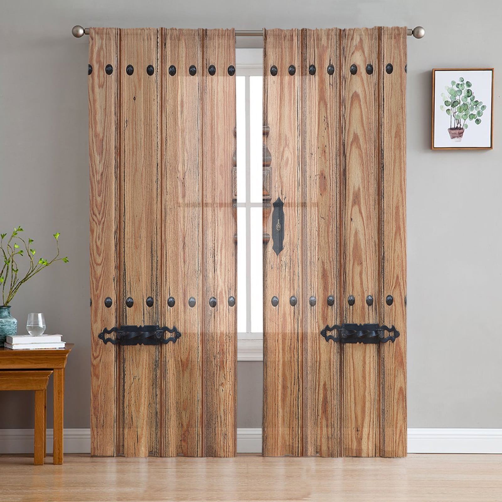 Brown Planks Retro Wood Grain Print Sheer Window Panel Curtains Room