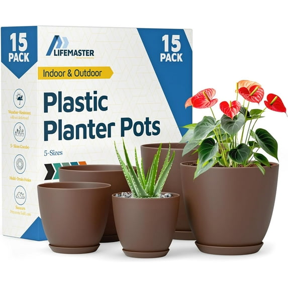 Brown Plant Pots with Drainage Holes & Saucers 15 Packs, Indoor & Outdoor Stackable Plastic Planters in Multiple Sizes for Houseplants & Flowers, Durable & Weatherproof Materials, Matte Finish