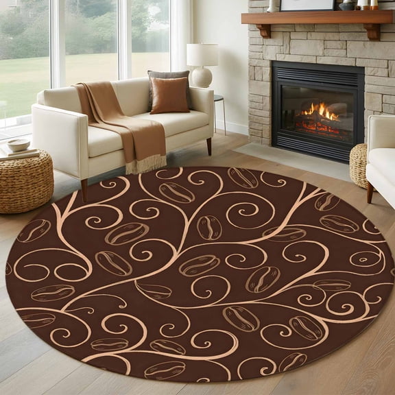 Brown Plants Round Area Rug 5 FT, Non Slip Bedroom Rugs, Farmhouse Rustic Farm Leaves Branches Washable Soft Circular Carpet Non-Shedding Floor Mat for Kitchen Dining Room Foyer Balcony Dorm
