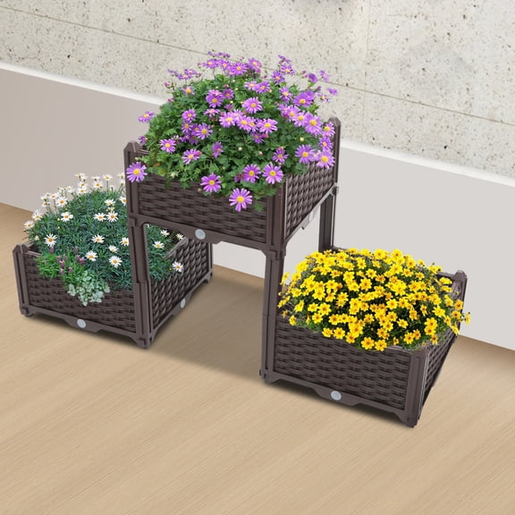 Brown Plastic 113*39*55.5cm Overhead Planting Box Three-Tier Word Flowerpot With Drainage Balcony Gardening Raised Ground Planting Box