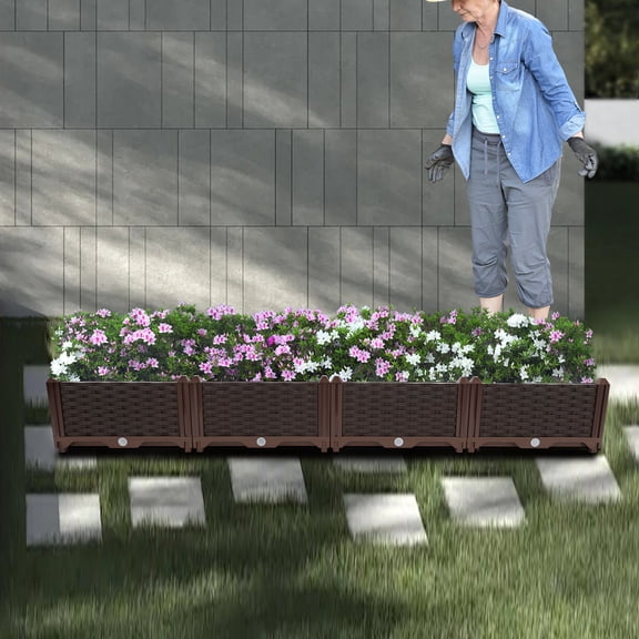 Brown Plastic 156*39*22cm Heightened Planting Box Single-Row Four-Grid Flowerpot Ventilation And Drainage Flower Bed Box