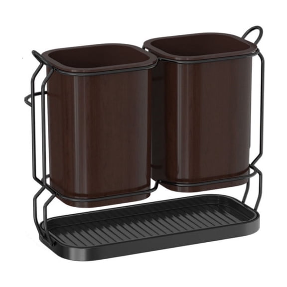 Brown Plastic Kitchen Utensil Drainer and Storage Rack, Cutlery Organizer with Removable Drip Tray, Countertop Knife Fork Spoon Holder for Home Use, 7.6x6.85x3.43 Inches Size