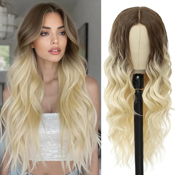 Brown to Platinum Blonde Wig for Women 26 Inch Pre Cut Hand-Tied Lace Long Wavy Natural Hairline Middle Part Hair Replacement Wigs for Women Beginners Natural Synthetic Wig 3 Seconds Wear for Daily