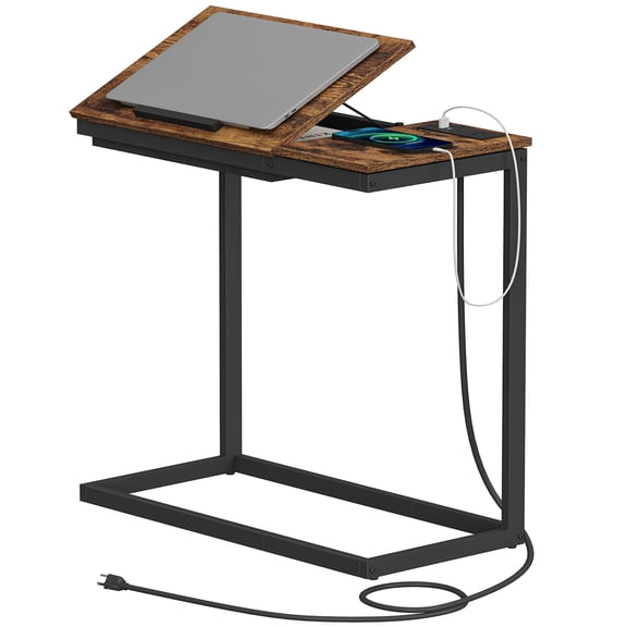 Brown Plug C Shaped End Table with Charging Station for Living Room Bedroom