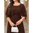 thumbnail image 1 of Brown Plus Size Elegant Party Dress With Rhinestone-Embellished Bodice, Cap Sleeves, And Belted Waist, 1 of 8