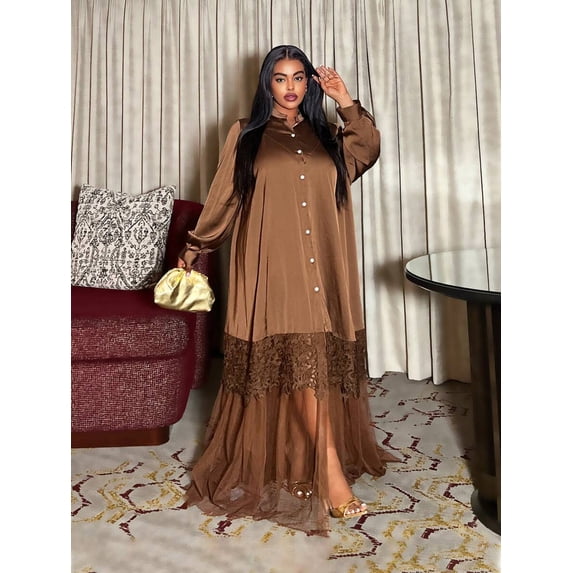 Brown Plus Size Women Casual Vacation A-Line Dress With Button Front, Lace Hem & Mesh Splice