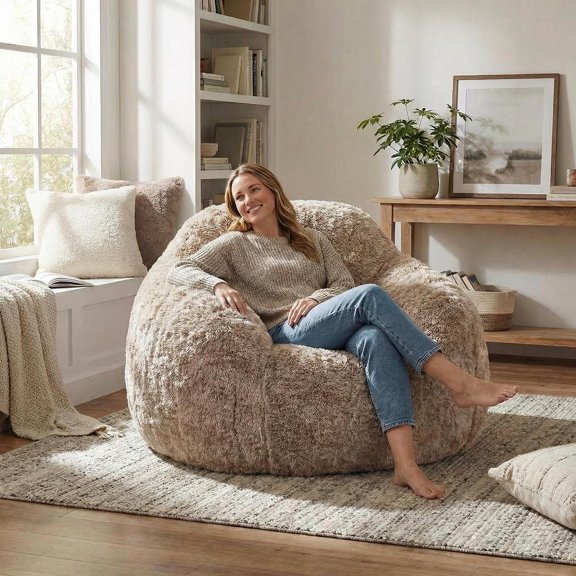 Brown Plush Faux Fur Floor Sofa with Armrests, Supportive Foam Fill, Removable Machine-Washable Cover, Non-Slip Base, Cozy Bean Bag Lounger for Living Room, Bedroom, Dorm