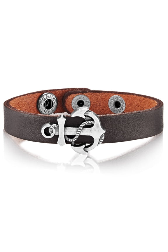 Men's Anchor Charm Brown Leather Cuff Bracelet
