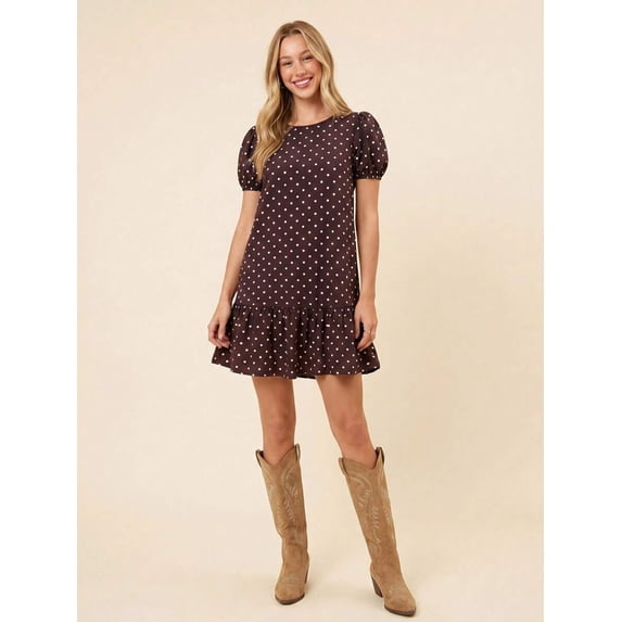 Brown Polka Dot Bubble Sleeve Ruffle Hem Babydoll Mini Dress For Women