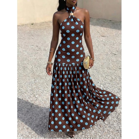 Brown Polka Dot Halter Maxi Dress For Women With Gold Buckle