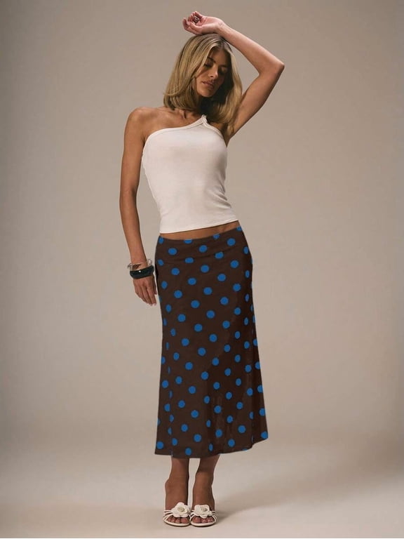 Brown Polka Dot Midi Skirt Flowing A-Line Casual Summer