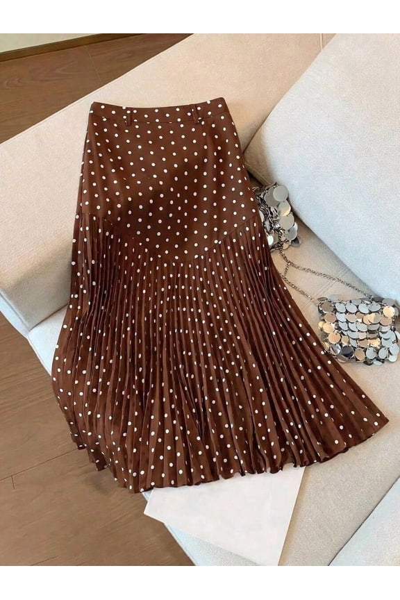 Brown Polka Dot Pleated Midi Skirt For Women Casual Work A-Line