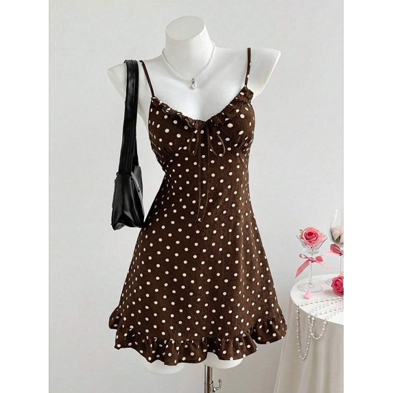 Brown Polka Dot Ruffle Hem Tie-Front Spaghetti Strap Cami Mini Dress